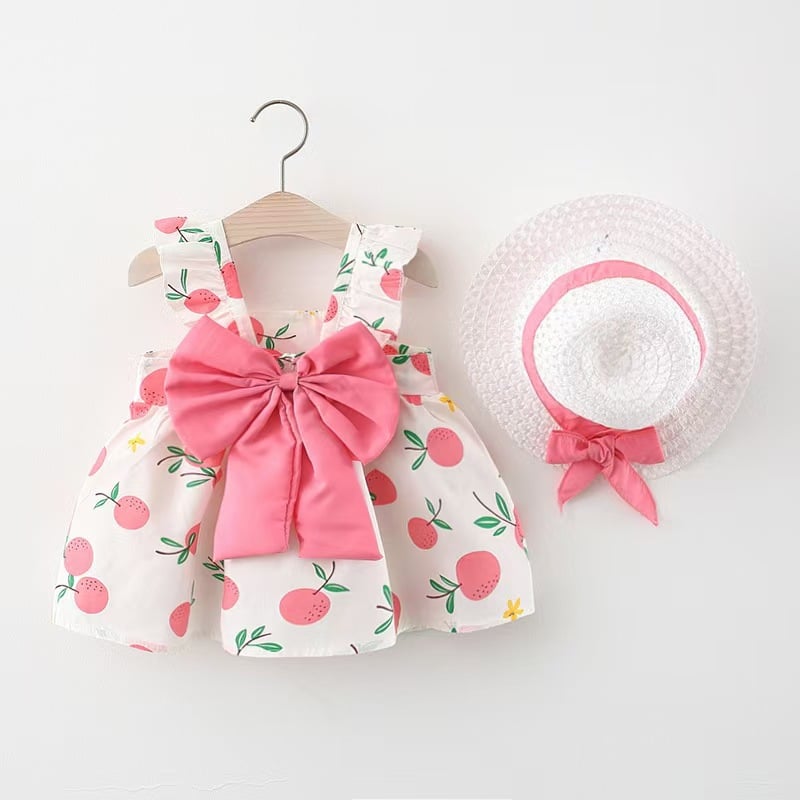 New Summer Style Girls' Printed Cotton Dress with Large Bow and Lace Trim