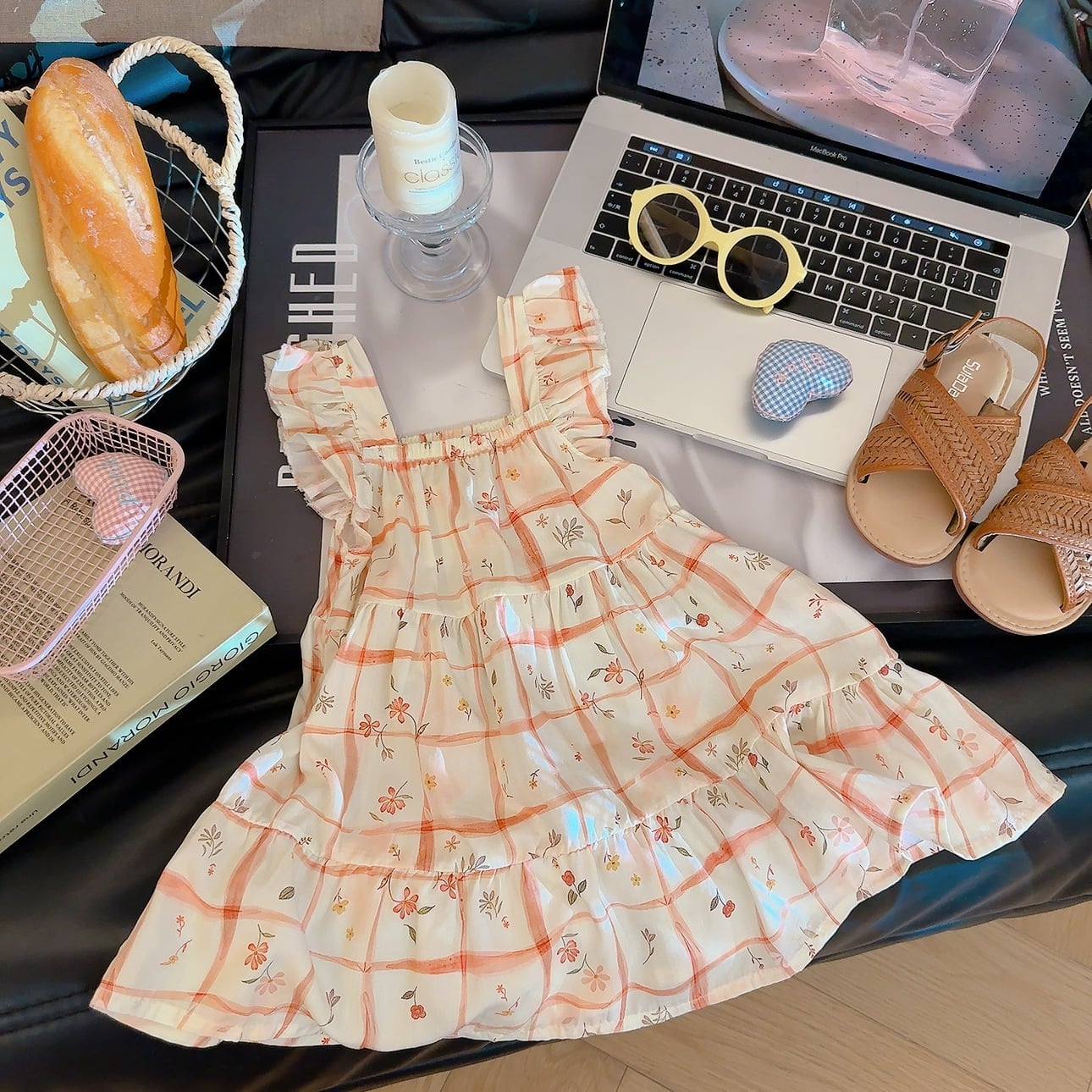 Girls’ Floral Cotton-Silk Flutter Sleeve Ruffle Dress – Summer Holiday Style - Orange
