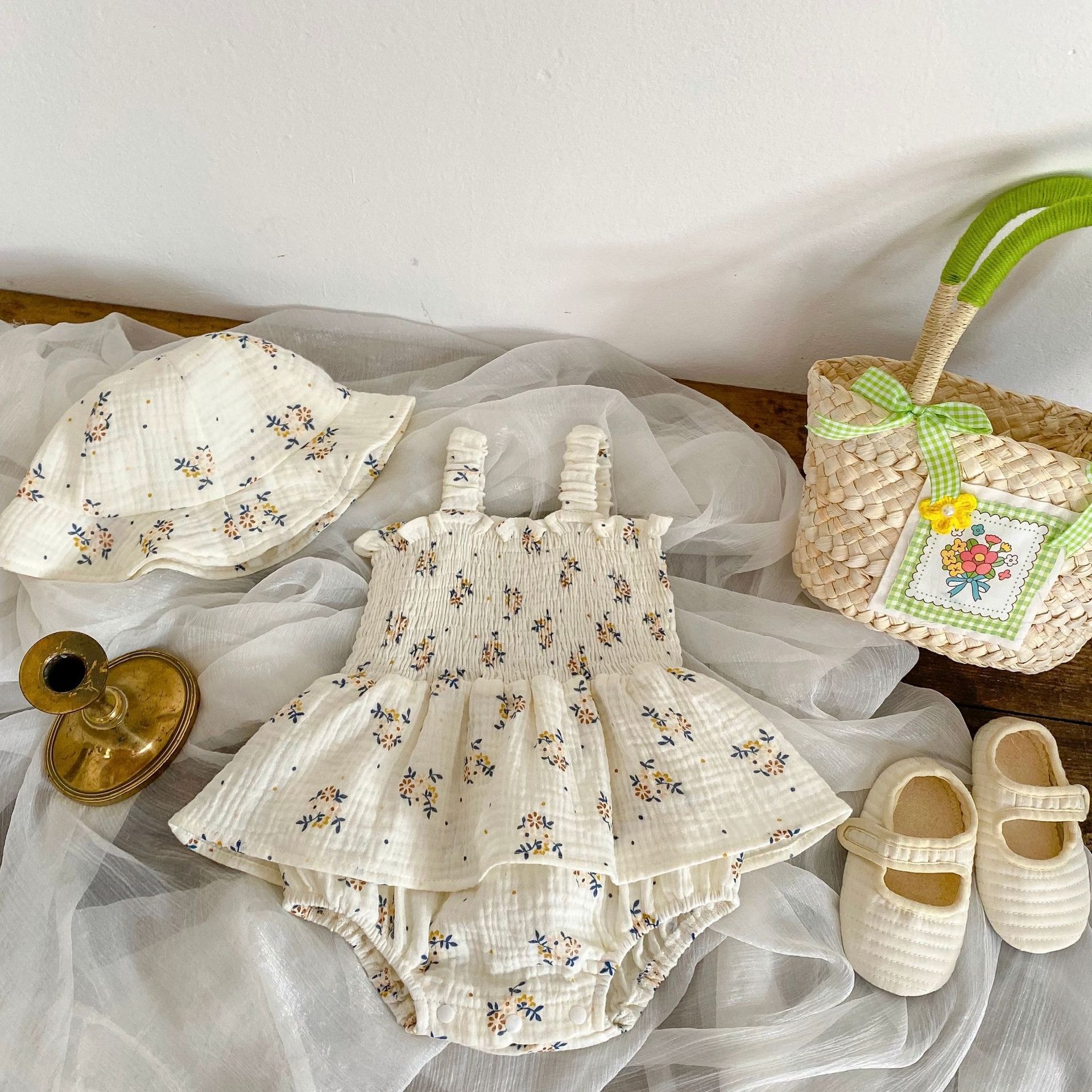 Baby Summer Clothes Sweet Floral Romper Dress for Girls Sleeveless Bodysuit Outfit with Hat