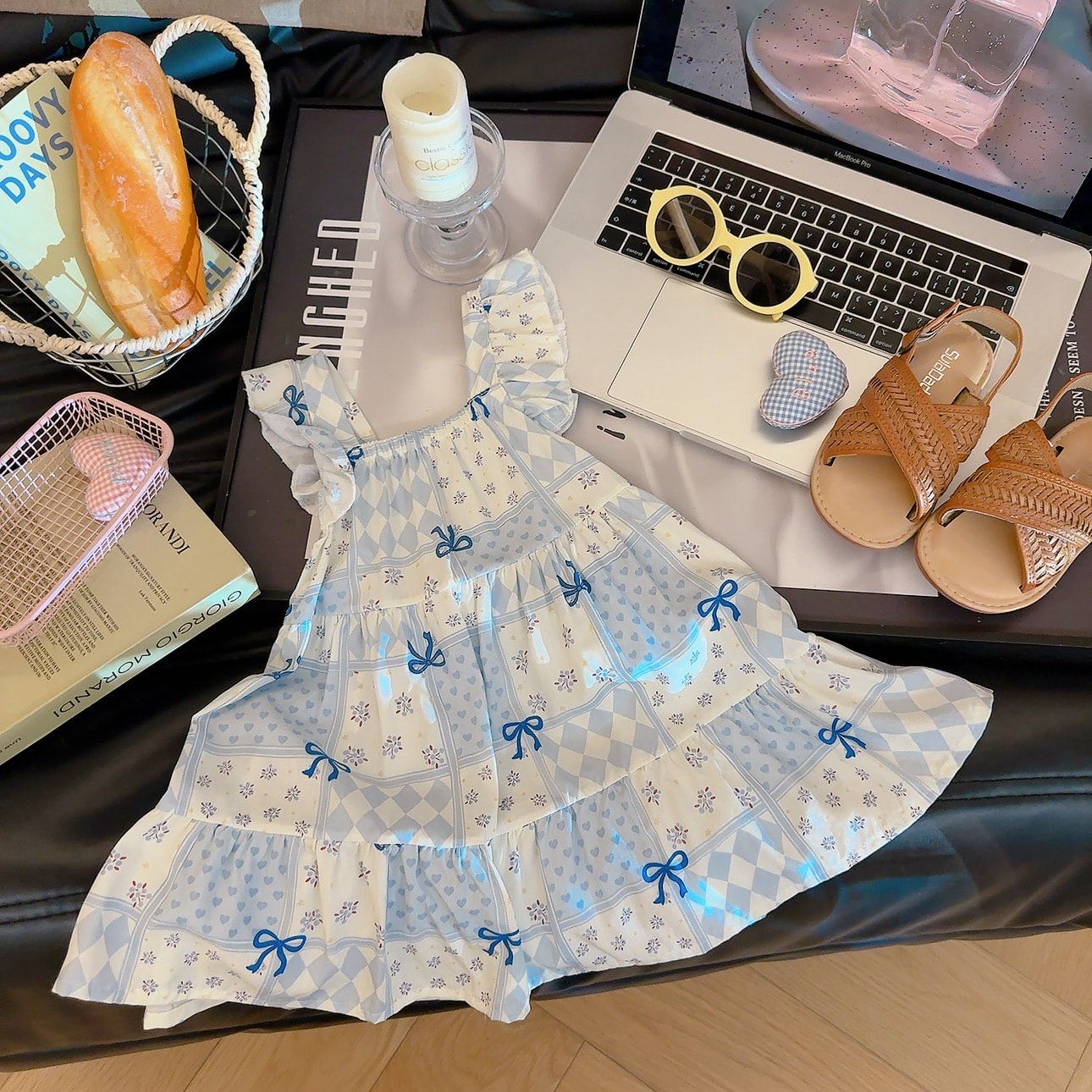 Girls’ Floral Cotton-Silk Flutter Sleeve Ruffle Dress – Summer Holiday Style - Fairy Blue
